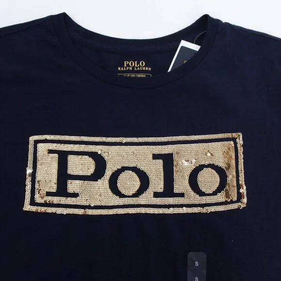 NWT Polo Ralph Lauren Gold Sequin POLO Logo Womens Navy Cotton T-Shirt, Small - Picture 3 of 10